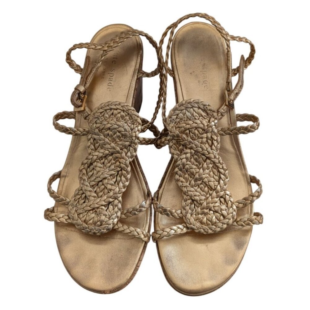 Kate Spade New York Becca Gold Braided Leather Cork Platform Wedge Sandals Sz 8 - Picture 2 of 10
